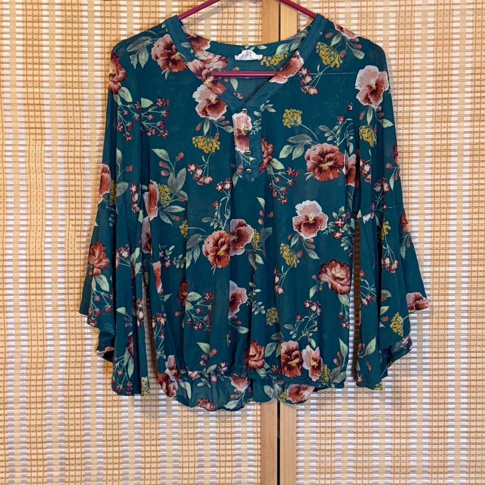 Ember Teal Floral Mesh Bell Sleeve Henley Blouse Top S Womens Cottagecore Boho